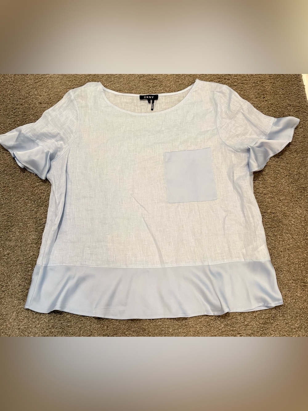 DKNY Pale Blue Short-Sleeve Scoop Neck Blouse with Pocket